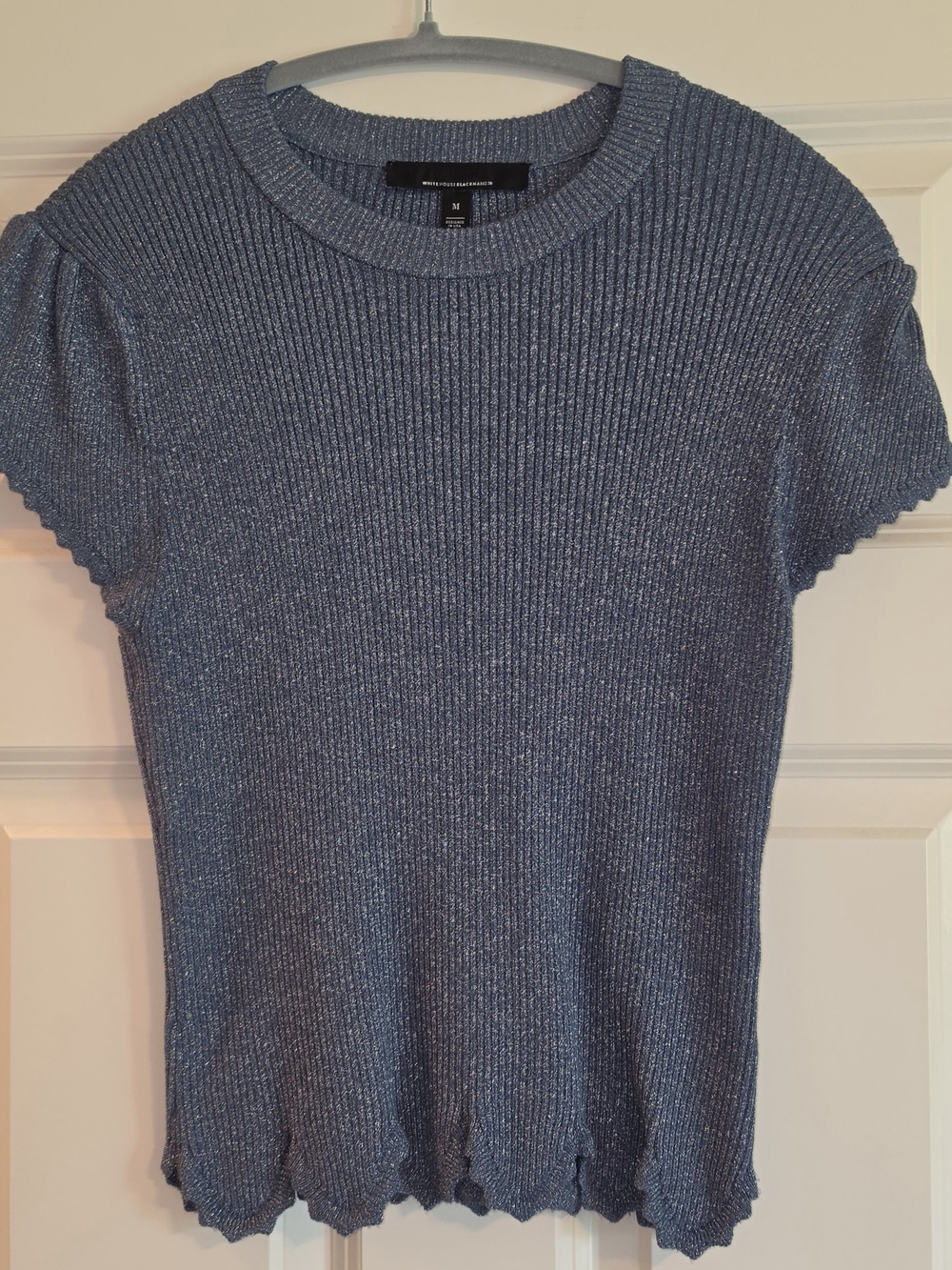 White House Black Market Shimmery Blue Ribbed Short Sleeve Top